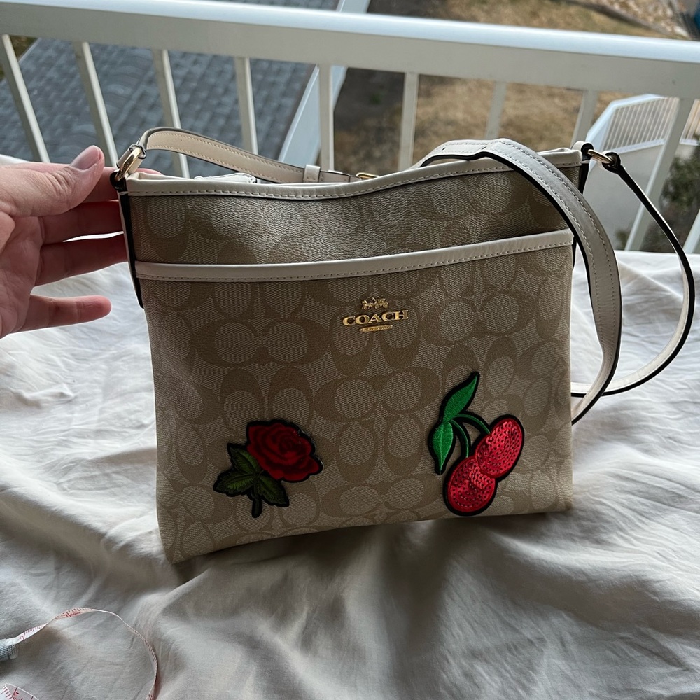 Coach Tan Crossbody Bag with Red Floral Design